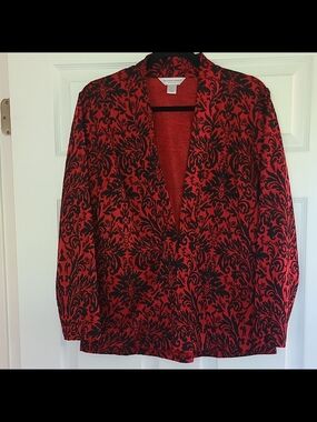 Christopher & Banks Women’s Petite P/L Red Black Floral Open-Front Light Jacket